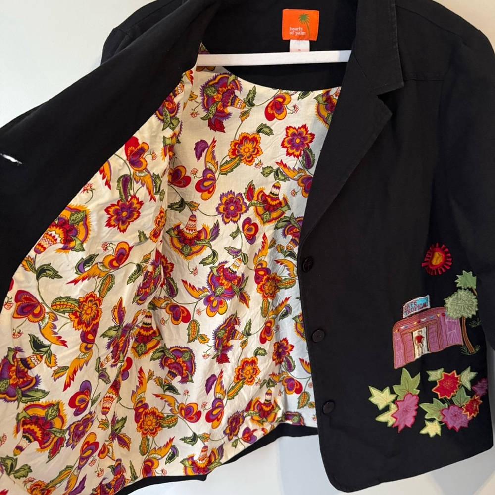 Hearts of Palm Black Tropical Floral Embroidered Cotton Blazer Women’s 16 - Picture 9 of 13